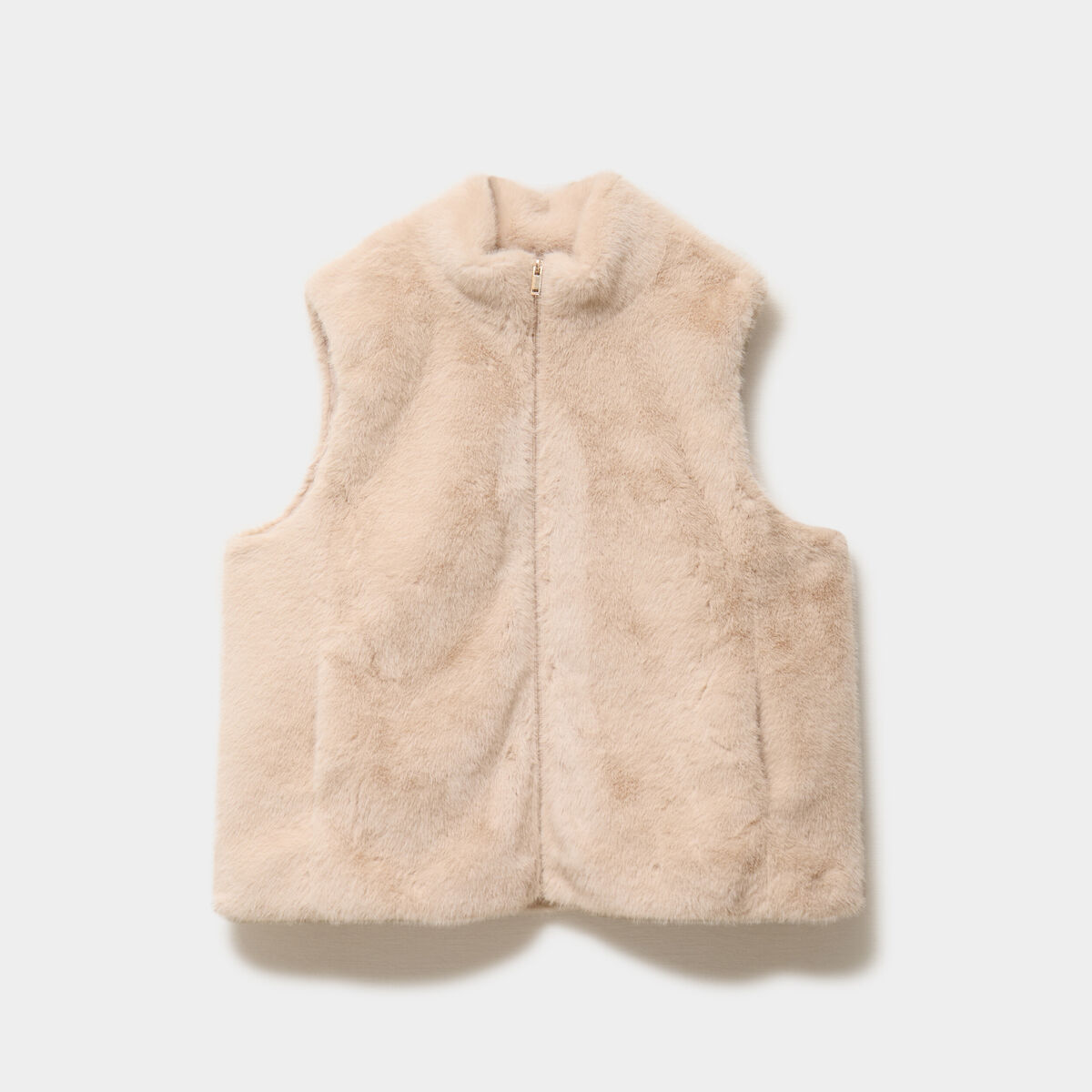 Gilet fausse fourrure col montant zipp&eacute; beige femme grande taille