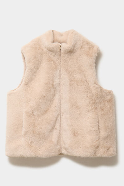 Gilet fausse fourrure col montant zipp&eacute; beige femme grande taille