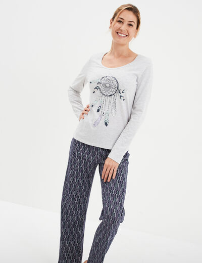 Ensemble pyjama pantalon 2 pièces coton gris clair femme