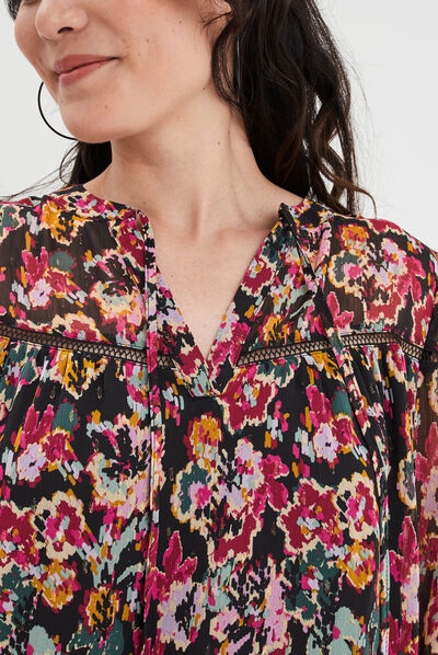 Blouse crêpe col cordons à nouer noir femme