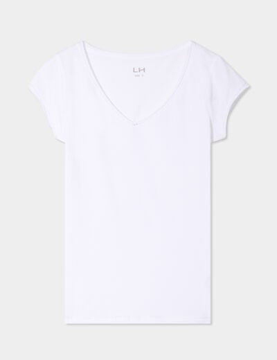 T-shirt col V ajusté manches courtes blanc femme