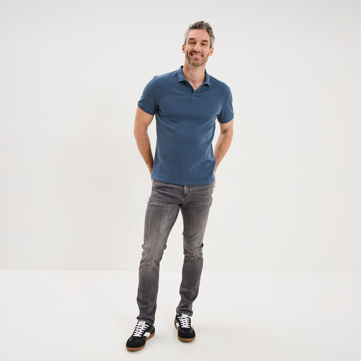 Polo textur&eacute; manches courtes coton bleu gris homme