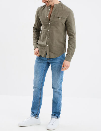 Chemise col mao lin mélangé vert kaki homme