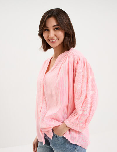 Blouse oversize manches brod&eacute;es rose fluo femme