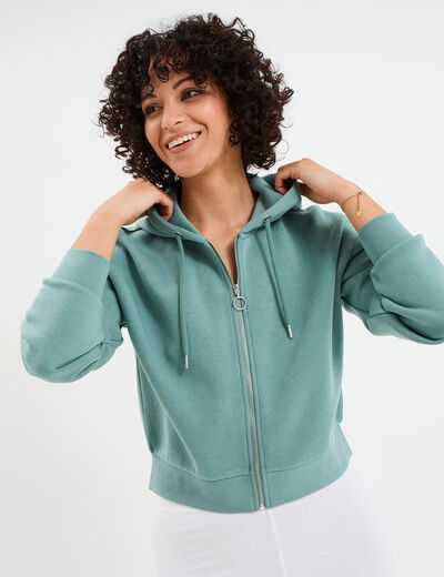 Sweat zippé à capuche court bleu gris femme