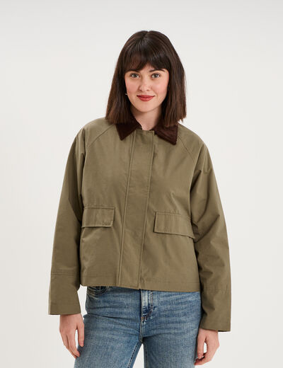 Veste courte oversize col velours c&ocirc;tel&eacute; taupe femme