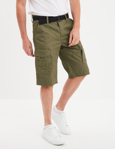 Bermuda cargo côtelé ceinturé Trappeur vert kaki homme