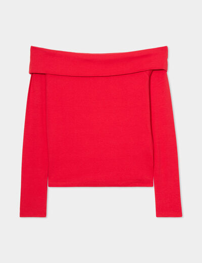 T-shirt col bardot manches longues coton rouge femme