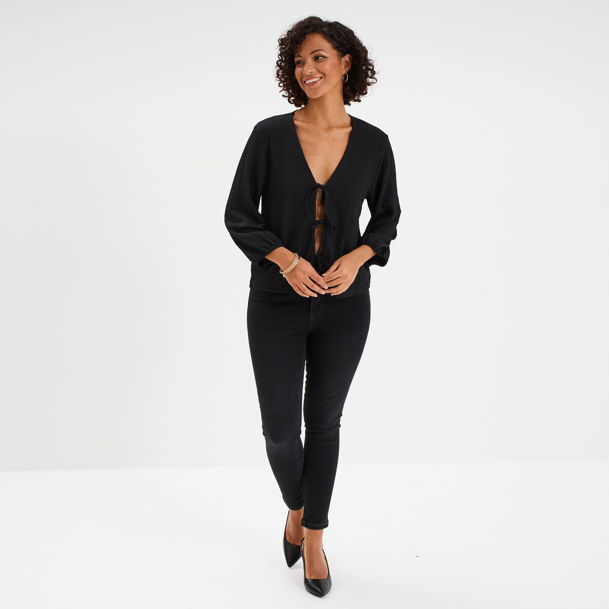 T-shirt noeuds et manches 3/4 noir femme