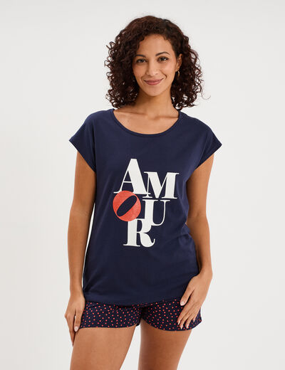 Ensemble pyjama t-shirt et short coton bleu marine femme