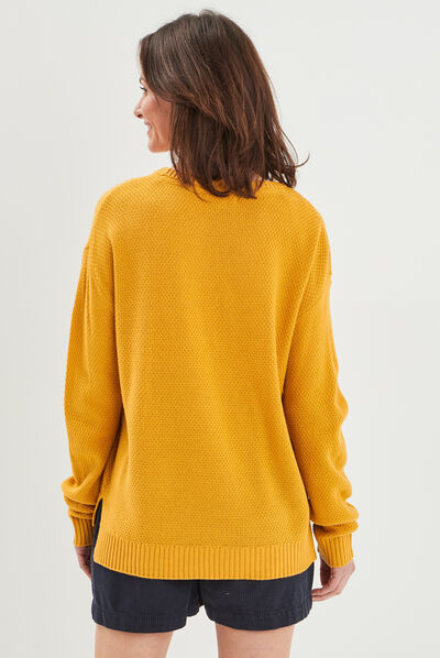 Pull col rond jaune moutarde femme