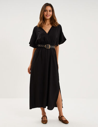 Robe longue &eacute;vas&eacute;e col cache-coeur noir femme