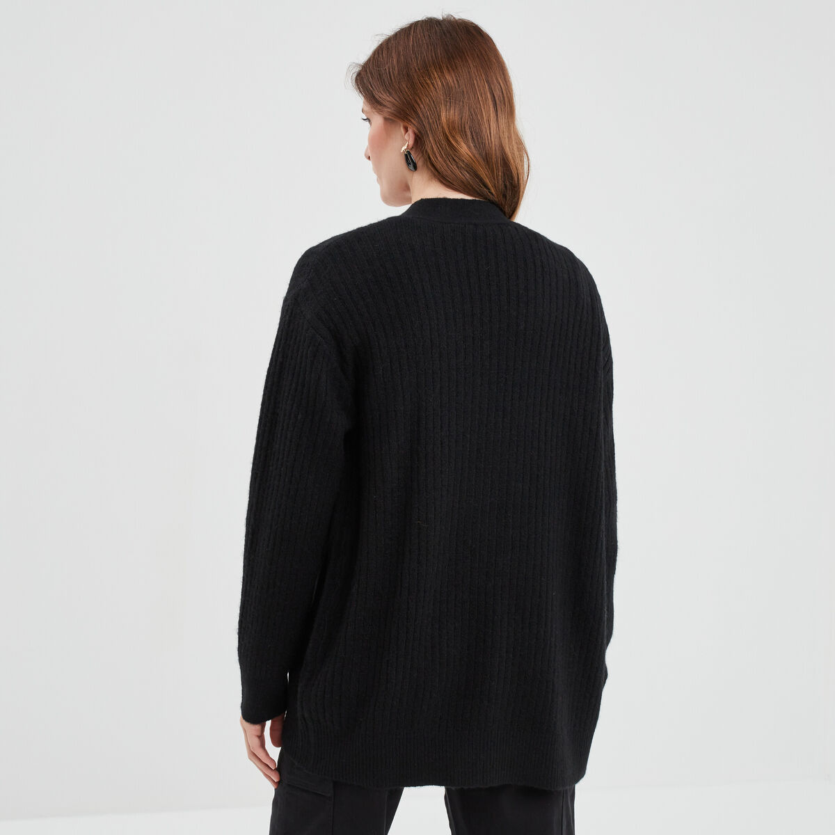 Gilet mi-long côtelé manches longues noir femme