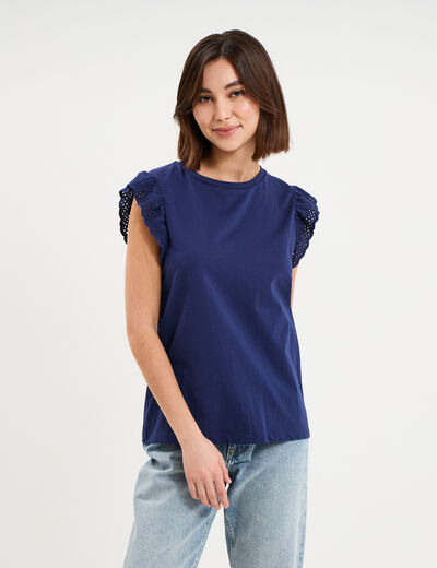 D&eacute;bardeur volants broderie anglaise bleu fonc&eacute; femme