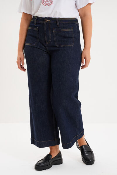 Jean large cropped poches plaqu&eacute;es denim brut femme grande taille