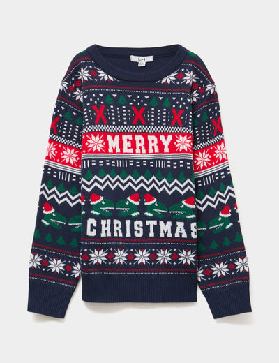 Pull de No&euml;l col rond bleu marine gar&ccedil;on