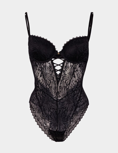 Body paddé dentelle avec laçage noir femme