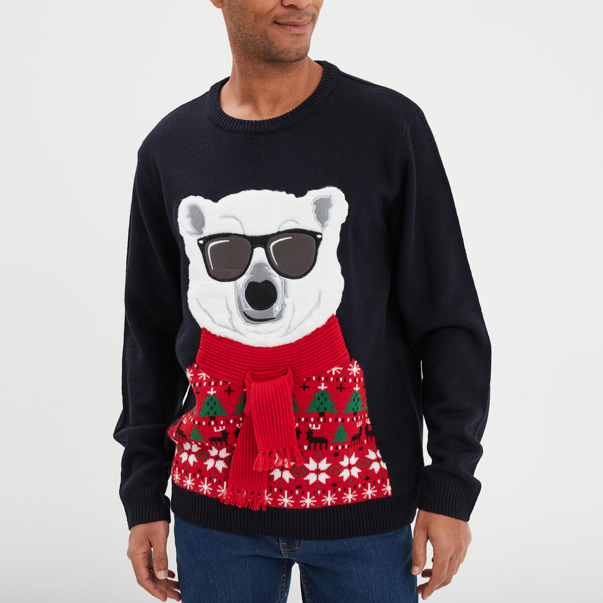 Pull No&euml;l manches longues col rond bleu fonc&eacute; homme