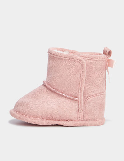 Bottons fourrés à scratchs et noeuds rose bébé fille