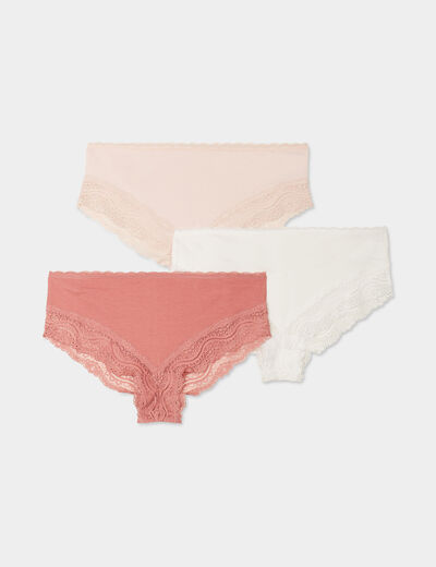 Lot 3 shortys en coton avec dentelle rose clair femme