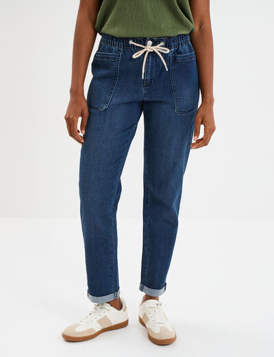 Jeans droit cropped taille &eacute;lastiqu&eacute;e bleu femme