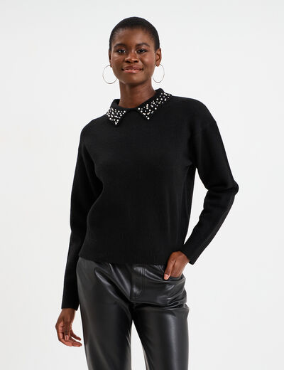 Pull col chemise strass et perles noir femme