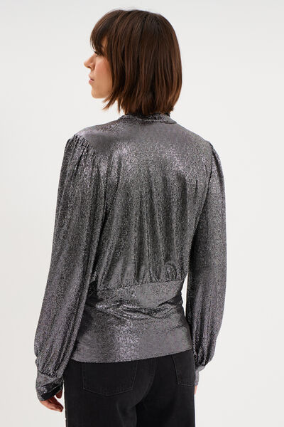 Blouse ajust&eacute;e col lavalli&egrave;re gris argent femme