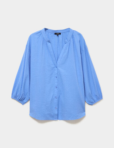 Blouse col tunisien manches 3/4 coton bleu electrique femme