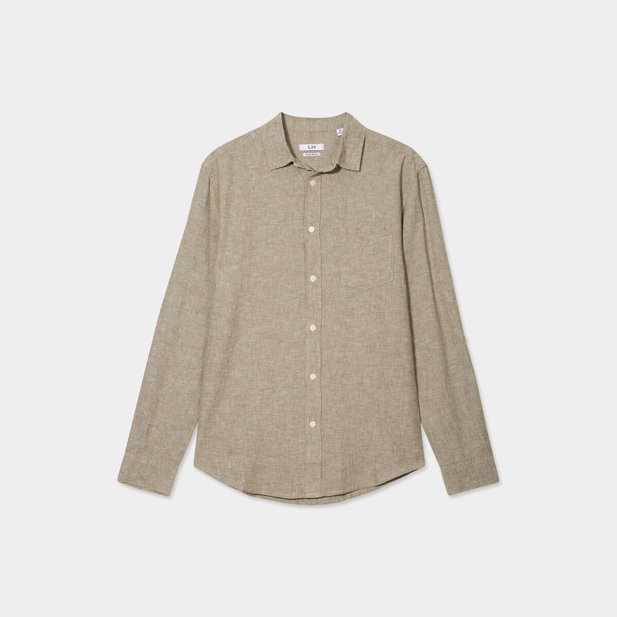 Chemise manches longues lin mélangé vert kaki homme