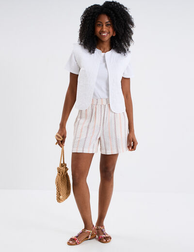 Short taille &eacute;lastiqu&eacute;e gaze de coton ecru femme