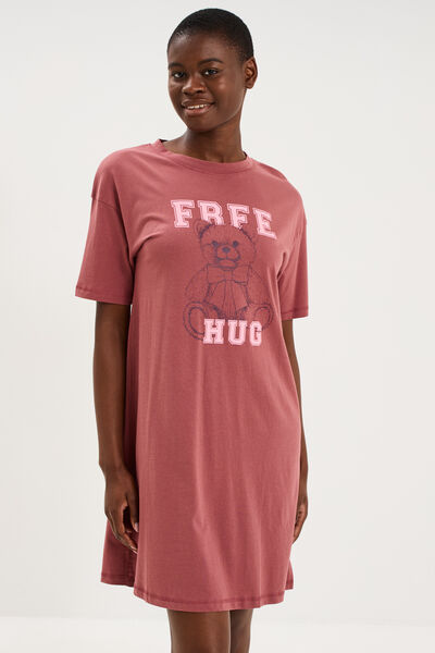 Chemise de nuit courte coton rose framboise femme