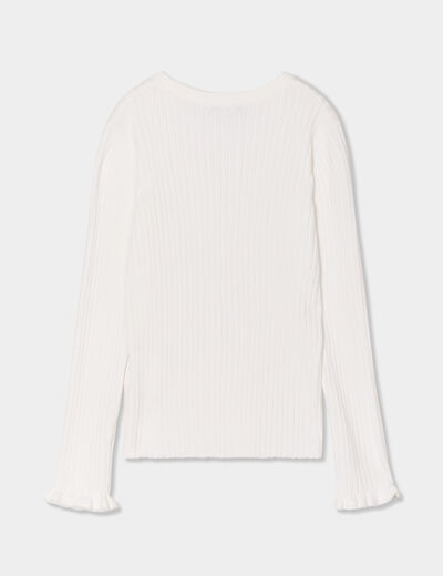 Pull côtelé ajusté manches longues ivoire fille