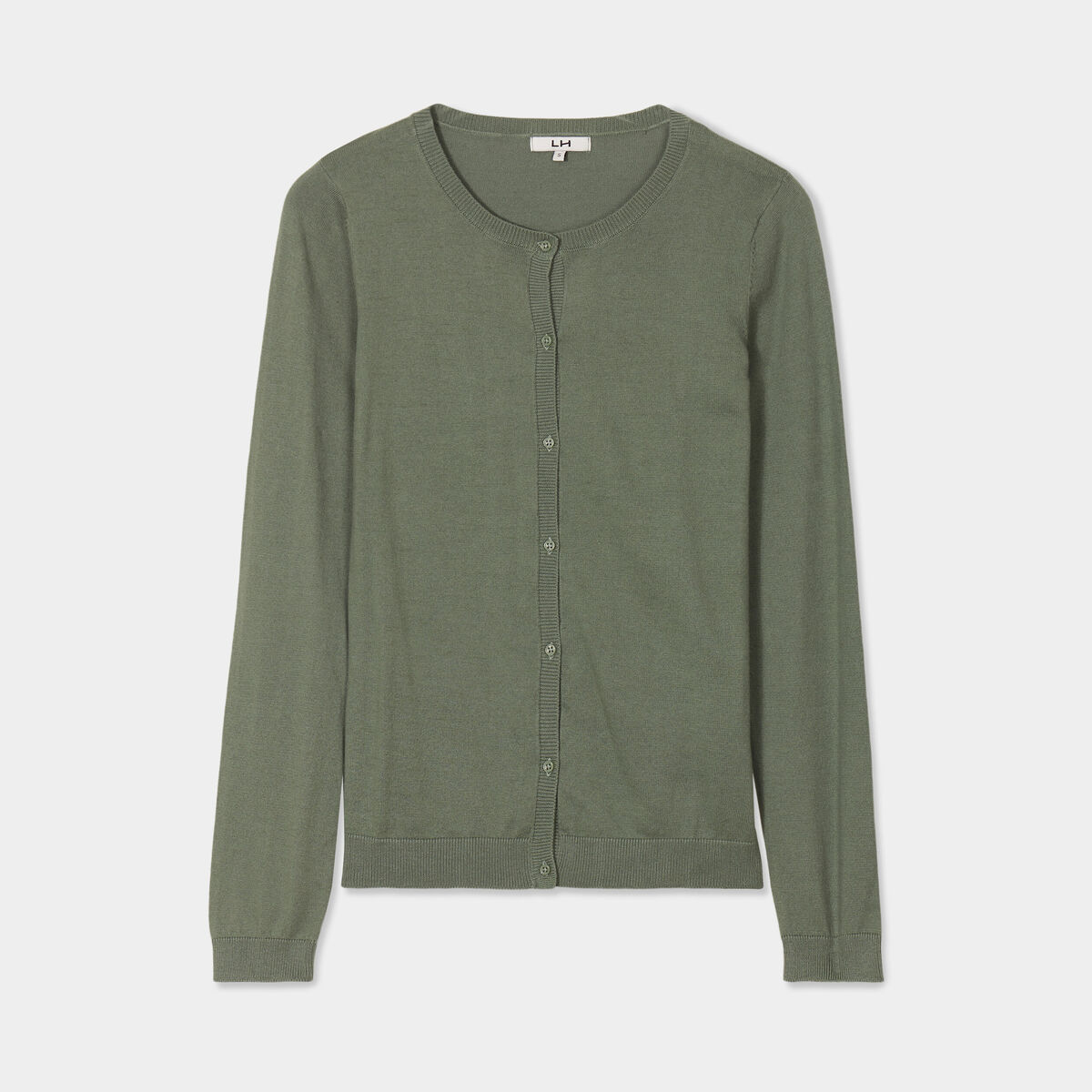 Gilet manches longues boutonné col rond vert kaki femme