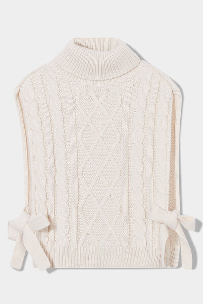 Poncho à noeuds col roulé sans manches sable femme