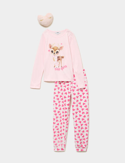 Ensemble pyjama pantalon t-shirt peluche rose poudr&eacute;e fille