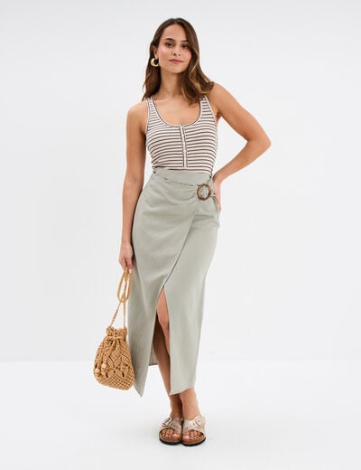 Jupe midi portefuille avec boucle vert kaki femme