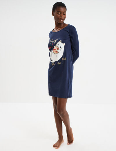 Chemise de nuit manches longues coton bleu marine femme