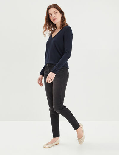 Pull ajusté avec col en V bleu marine femme