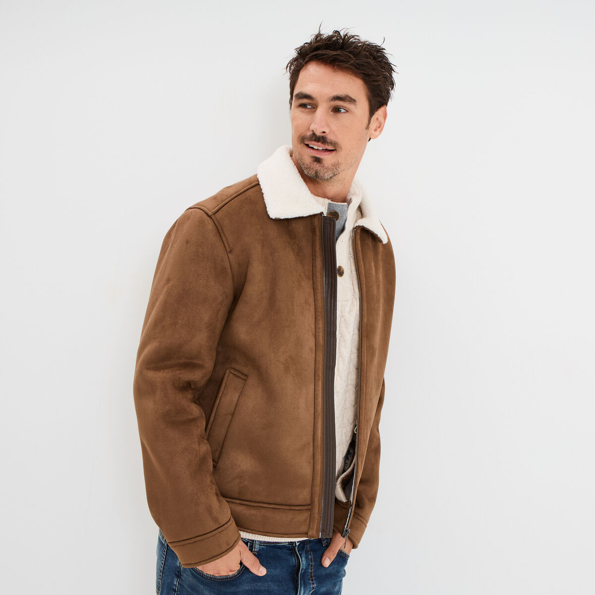 Veste bomber effet su&eacute;dine col aviateur marron homme