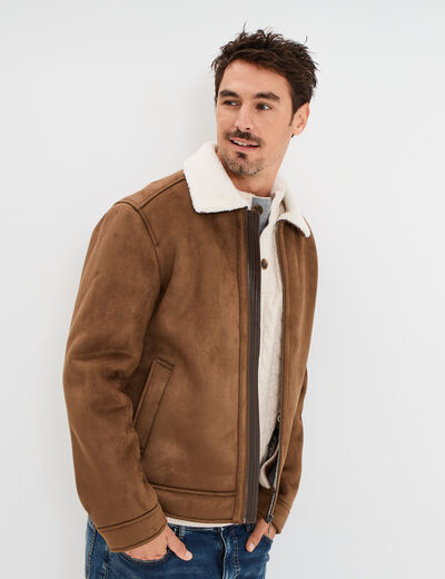 Veste bomber effet su&eacute;dine col aviateur marron homme