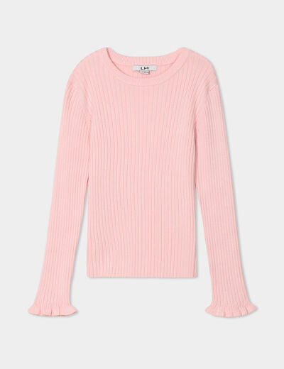 Pull côtelé ajusté manches longues rose pastel fille