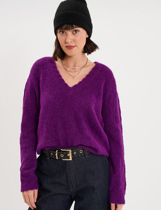Pull col V ajour&eacute; manches longues violet fonc&eacute; femme