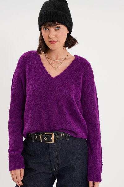 Pull col V ajour&eacute; manches longues violet fonc&eacute; femme