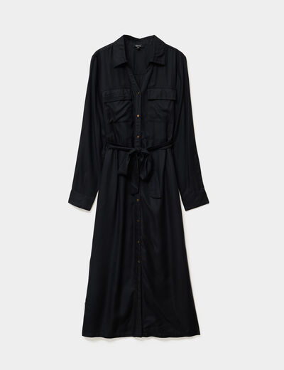 Robe chemise longue ceintur&eacute;e noir femme