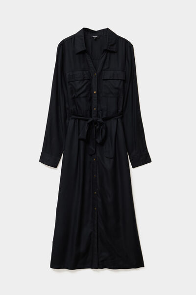 Robe chemise longue ceintur&eacute;e noir femme