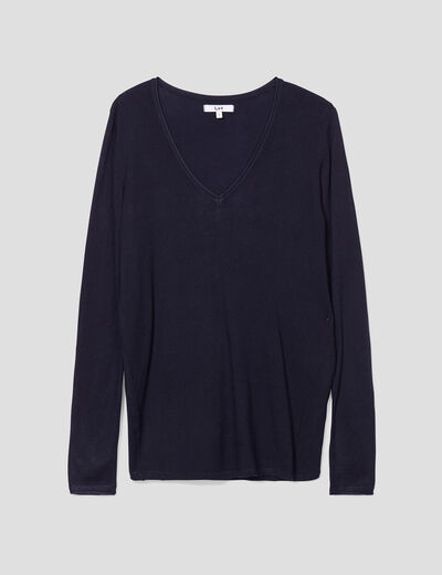Pull ajusté avec col en V bleu marine femme