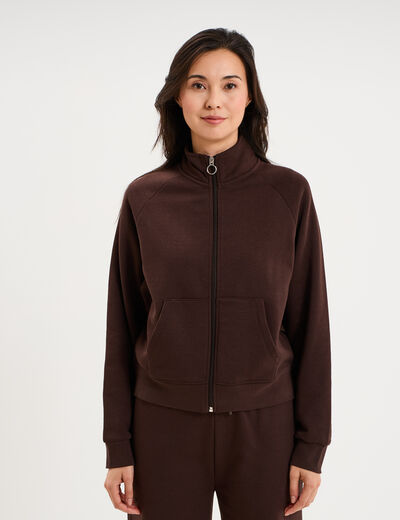 Sweat zipp&eacute; molleton col montant marron fonc&eacute; femme