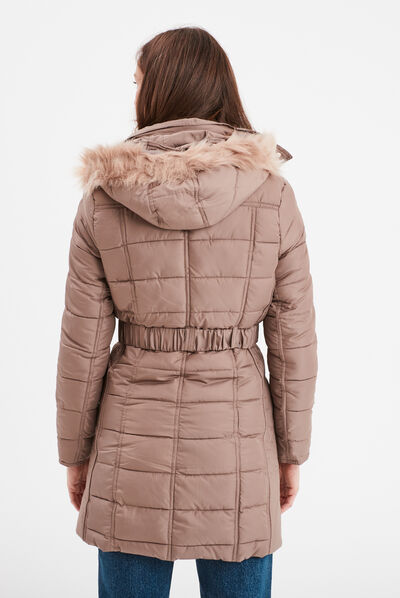 Doudoune droite à capuche taupe femme