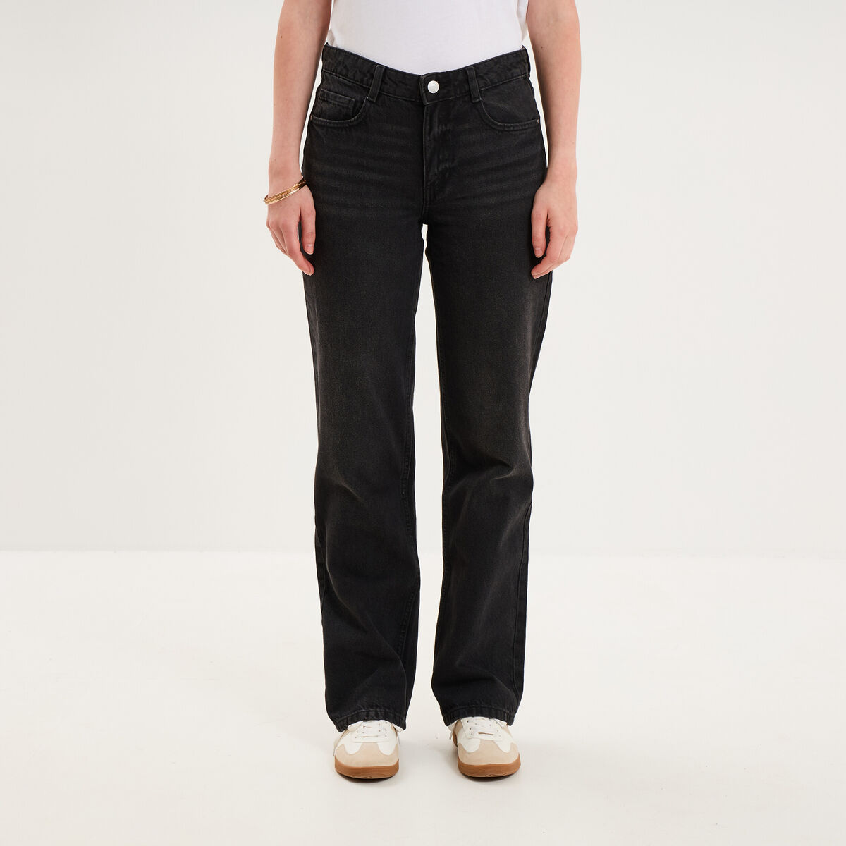 Jean droit taille basse coton denim noir femme