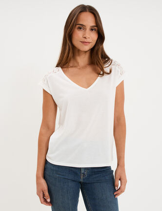 T-shirt col en V ajour&eacute; &eacute;paules et dos blanc femme